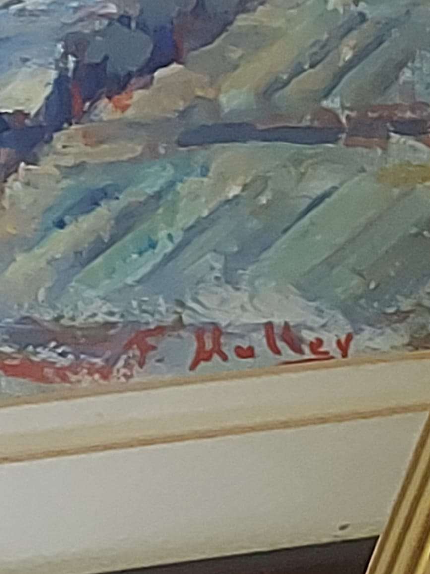 Three paintings, one oil and two watercolours.