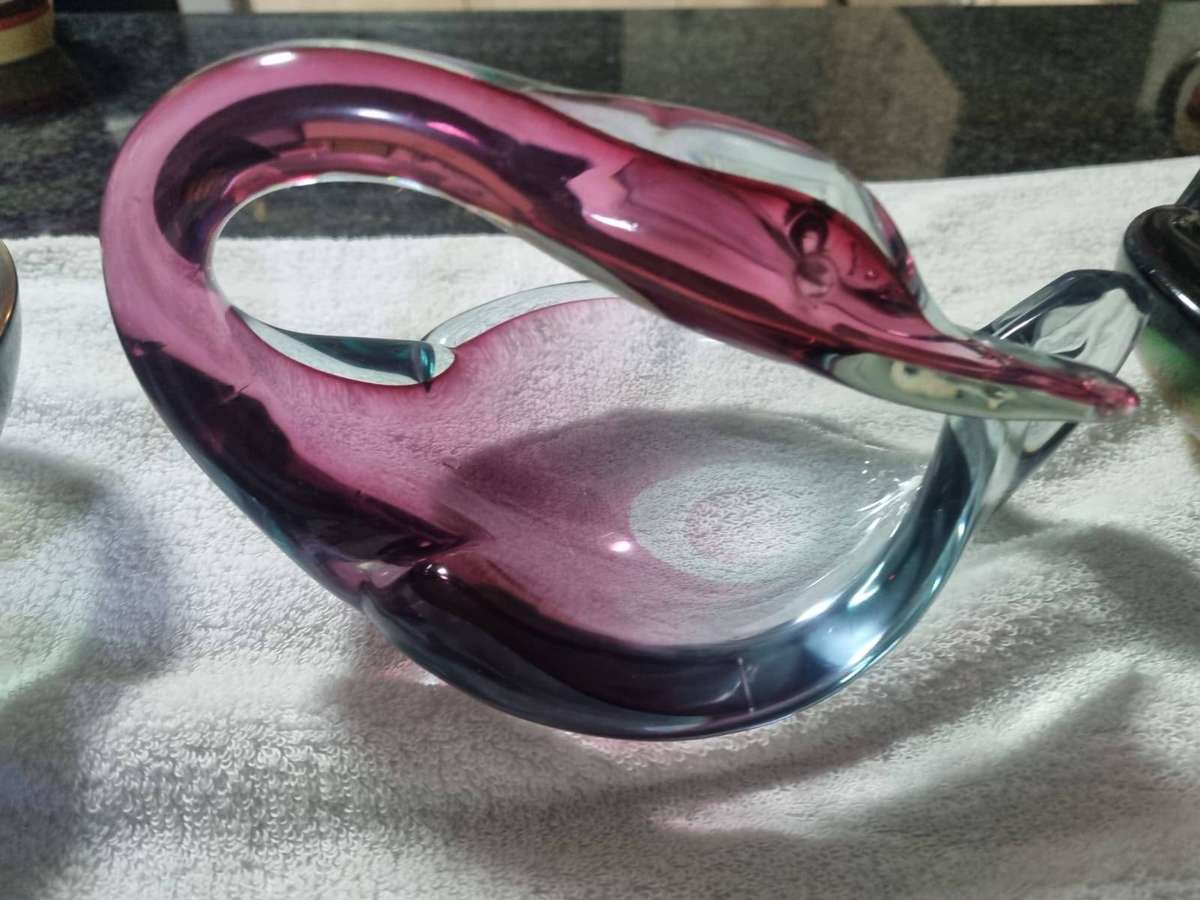 This is a vintage Murano Sommerso glass swan-shaped bowl and more