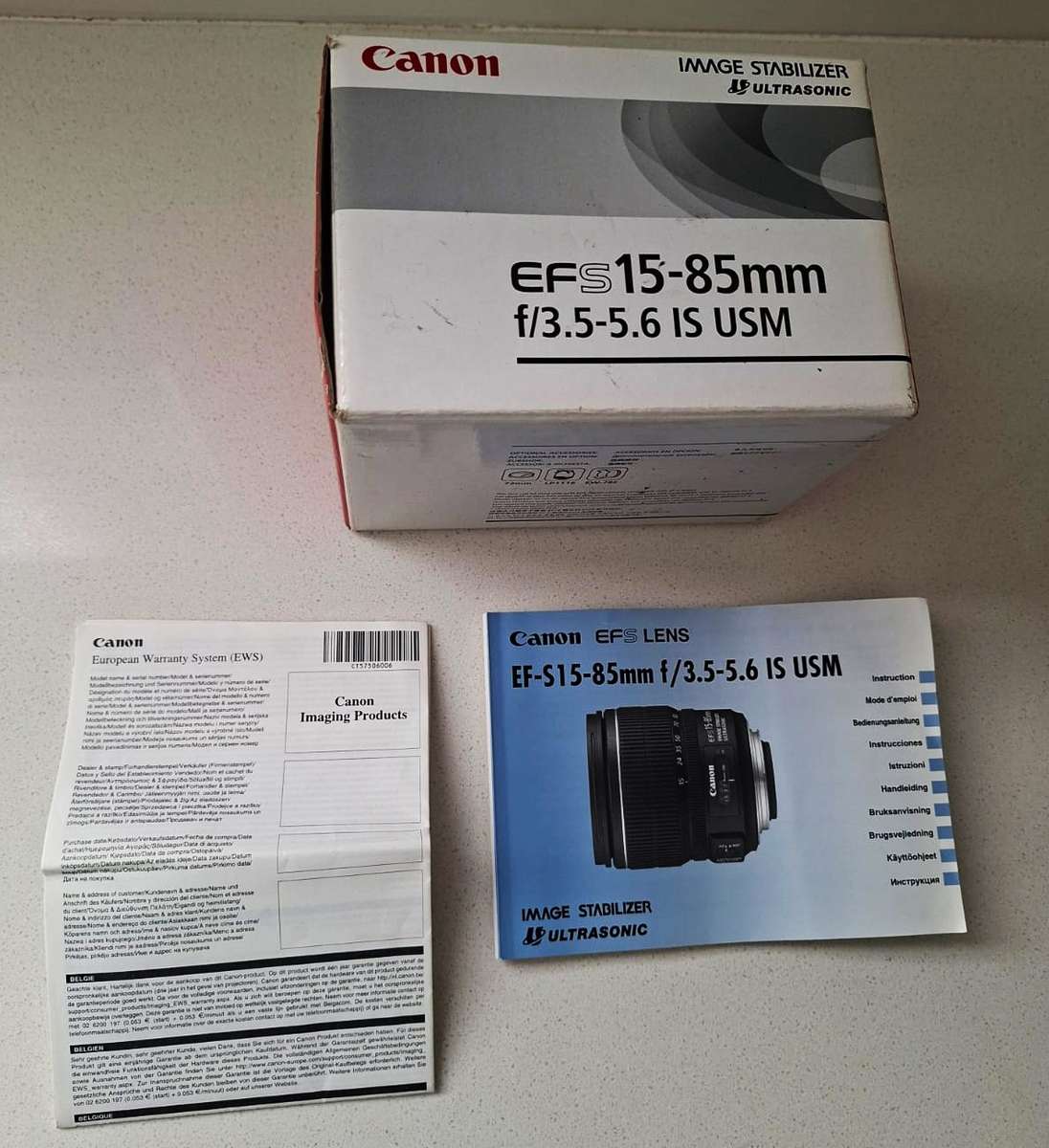 Box and Manuals for a Canon EFS 15-85mm Image Stabilizer Lens
