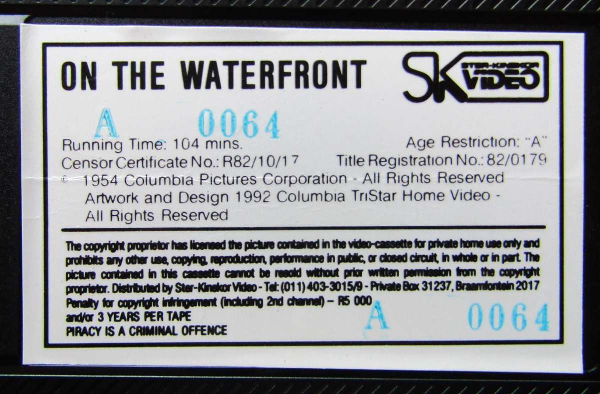 On the Waterfront - Marlon Brando - Movie VHS Tape (1992)