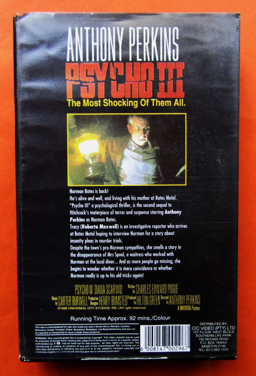 Psycho III - Anthony Perkins - Horror Movie VHS Tape (1986)