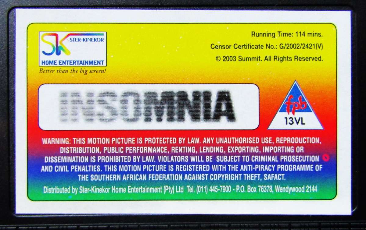 Insomnia - Al Pacino - Movie VHS Tape (2003)
