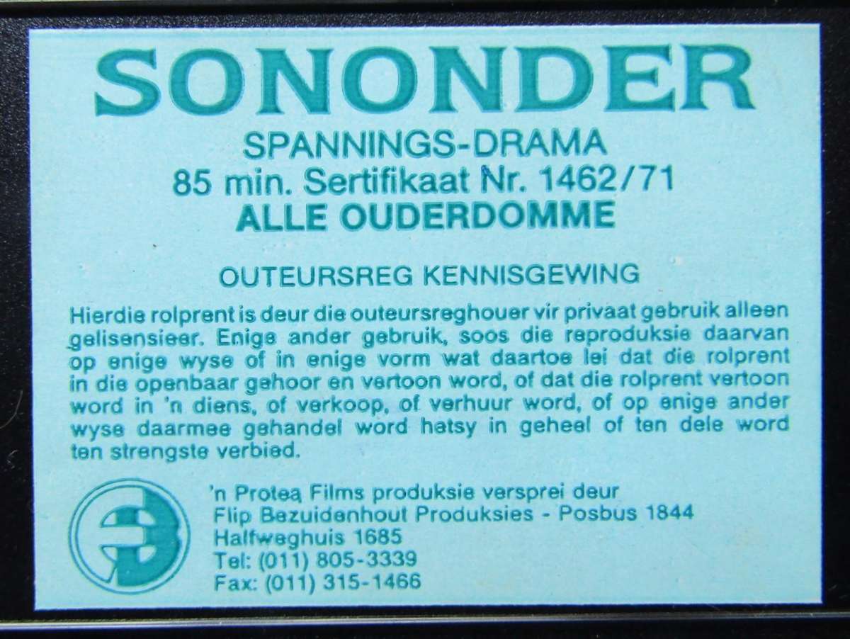 Sononder - Afrikaans Movie VHS Tape