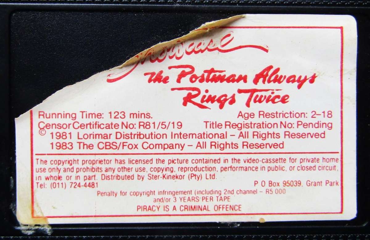 The Postman Always Rings Twice - Movie VHS Tape (1983)