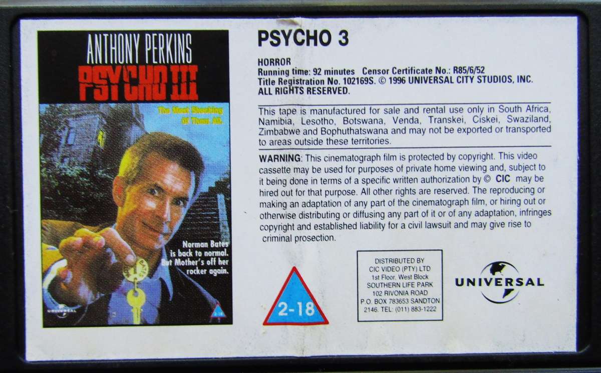 Psycho III - Anthony Perkins - Horror Movie VHS Tape (1986)