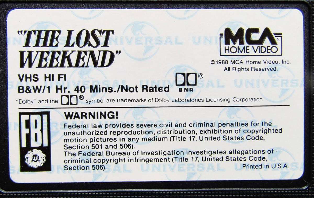 The Lost Weekend - Movie VHS Tape (1990)
