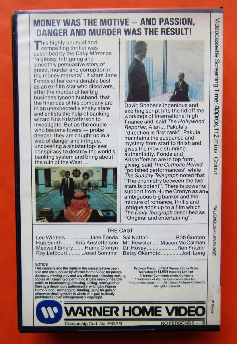 Rollover - Jane Fonda - Movie VHS Tape (1984)