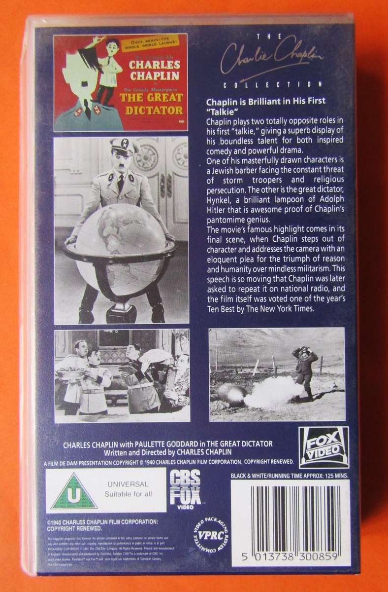 The Great Dictator - Charlie Chaplin - Movie VHS Tape (1994)