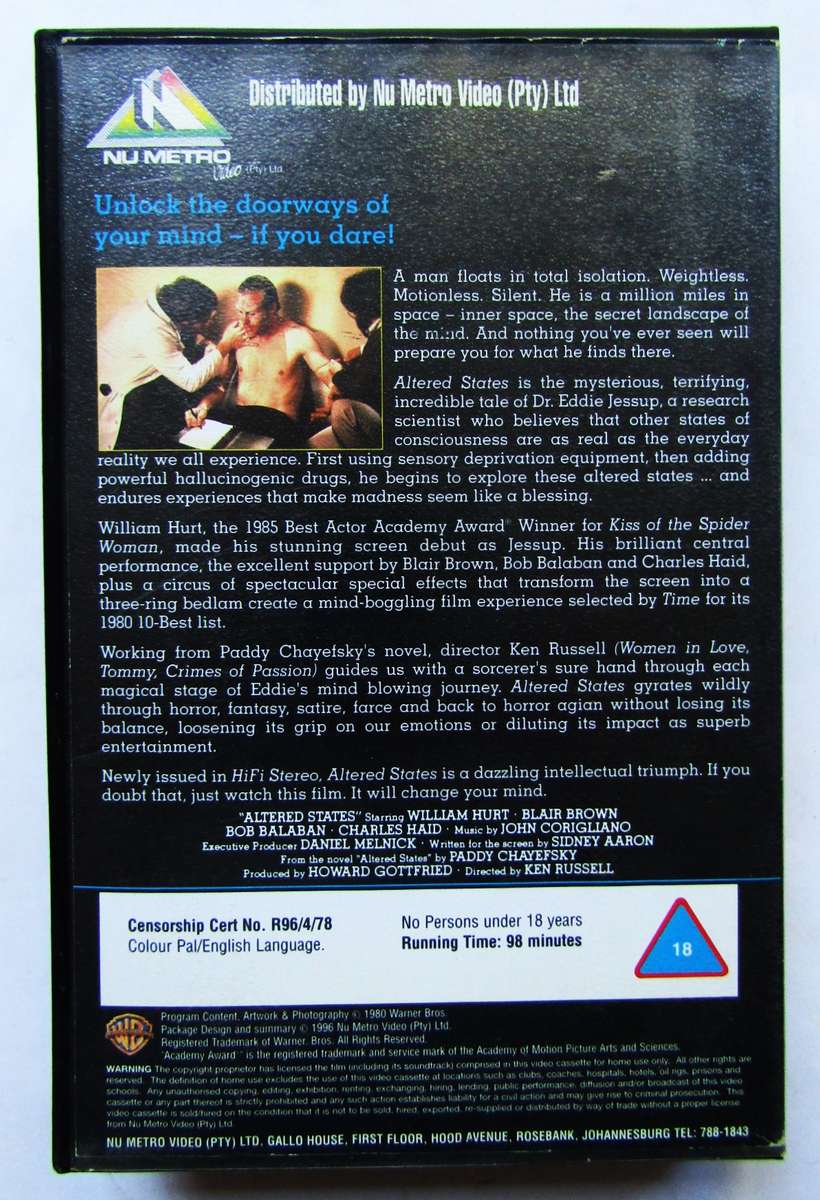 Altered States - William Hurt - Horror Movie VHS Tape (1996)