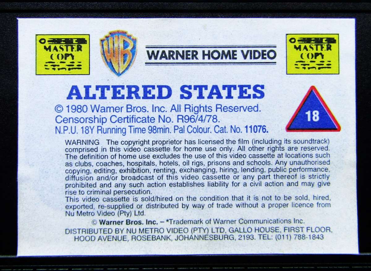 Altered States - William Hurt - Horror Movie VHS Tape (1996)