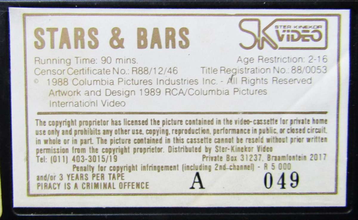 Stars and Bars - Daniel Day Lewis - Movie VHS Tape (1989)