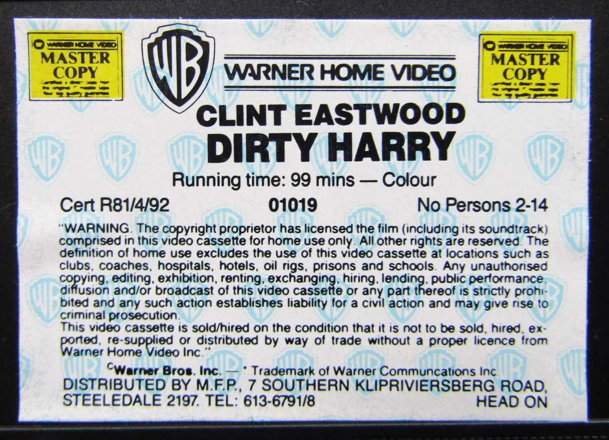 Dirty Harry - Clint Eastwood - Movie VHS Tape (1989)