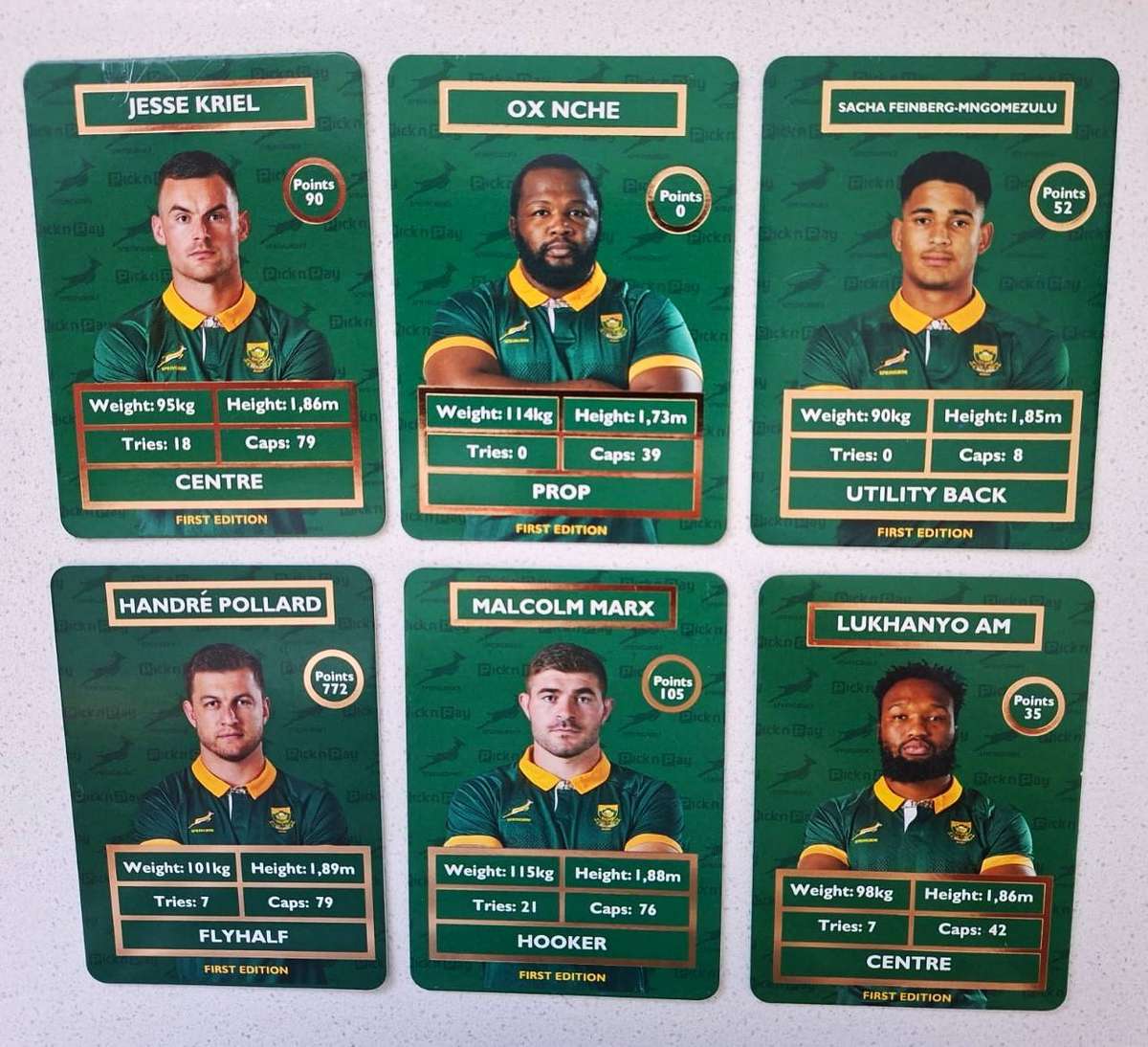 6 of the New Pick 'n Pay Springbok Rugby Trading Cards