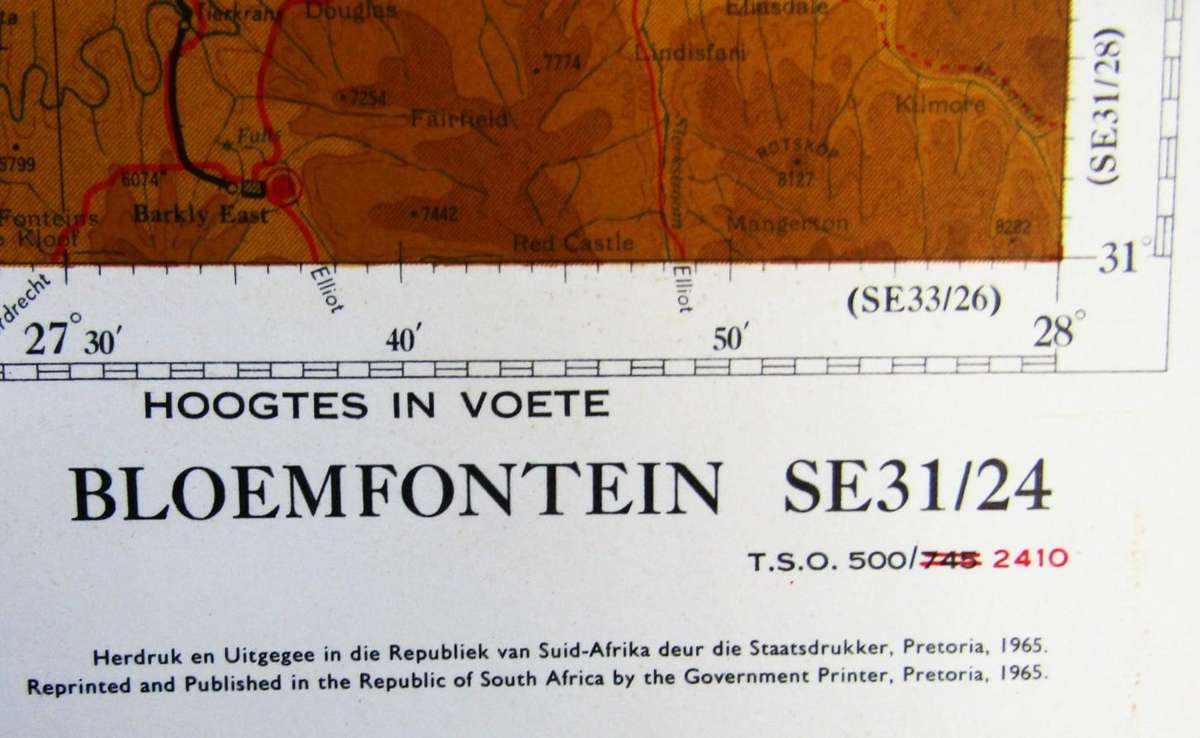Large 1:500,000 Bloemfontein Topographical Map from 1965
