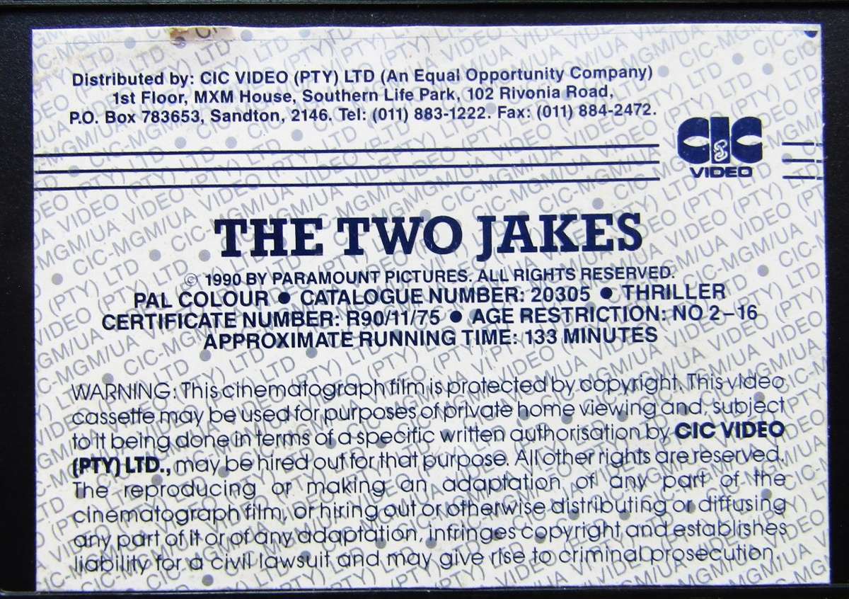 The Two Jakes - Jack Nicholson - Movie VHS Tape (1990)
