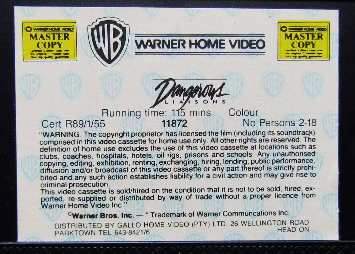 Dangerous Liaisons - John Malkovich - Movie VHS Tape (1989)