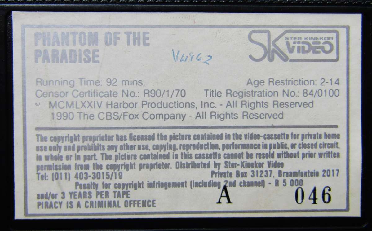 Phantom of the Paradise - Horror Movie VHS Tape (1990)