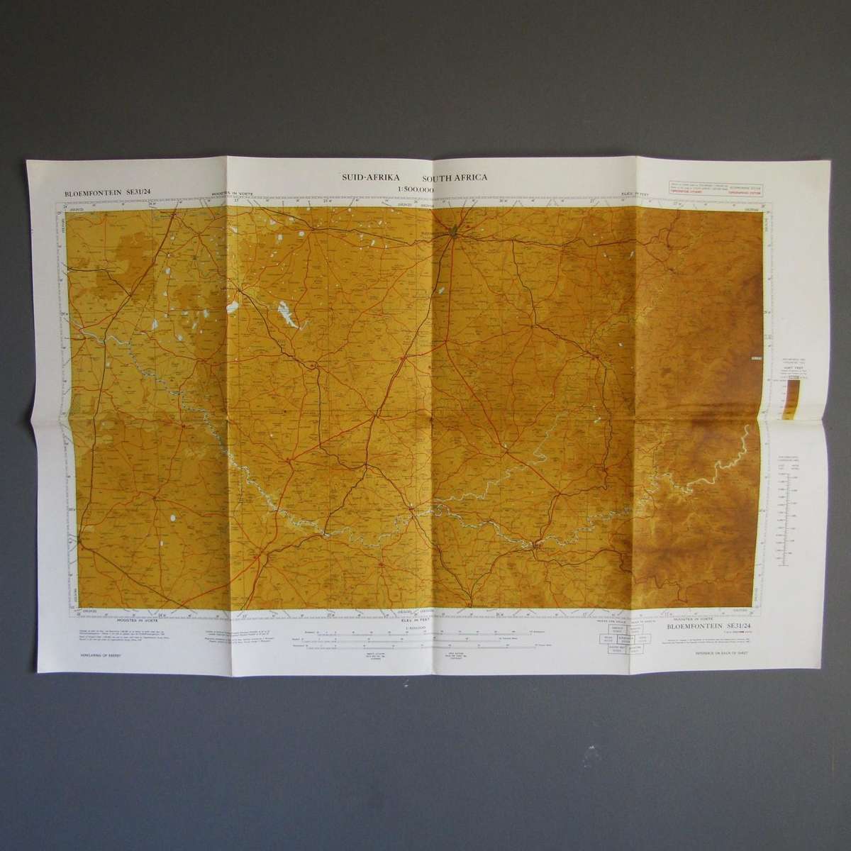 Large 1:500,000 Bloemfontein Topographical Map from 1965