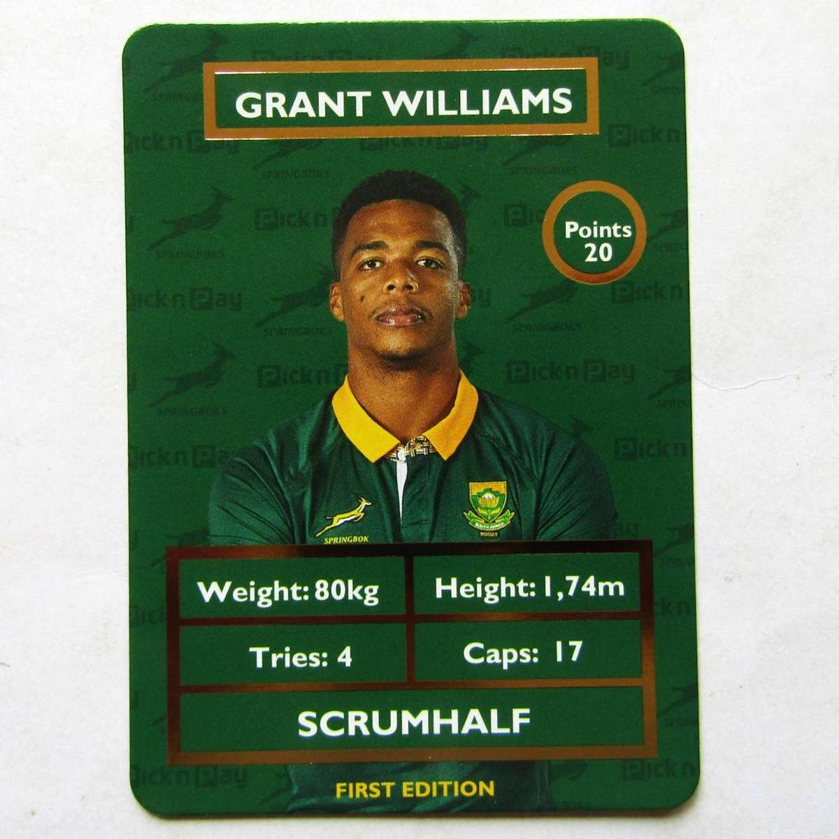 Grant Williams - New Pick 'n Pay Springbok Rugby Trading Card