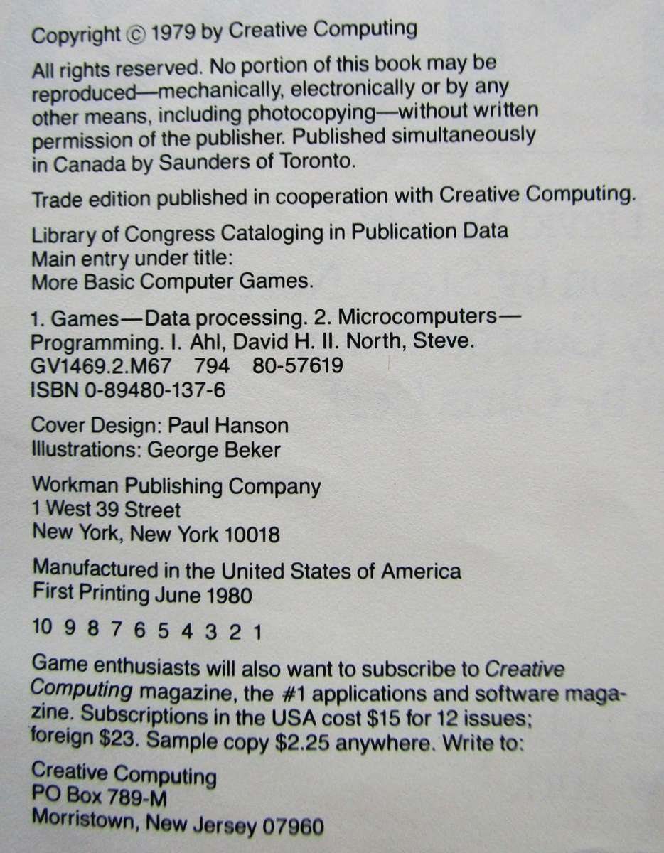 1980 More Basic Computer Games Book