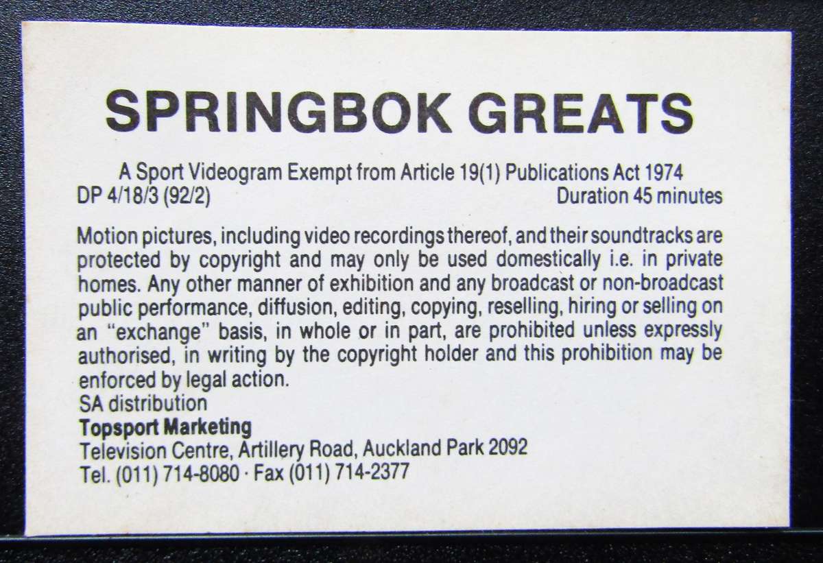 Springbok Greats - Rugby VHS Video Tape (1992)