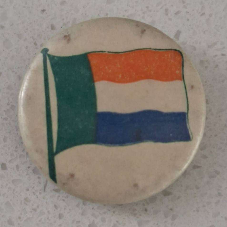 Old ZAR Vierkleur Flag Lapel Pin Badge - Made by JJ Fouche Volksrust