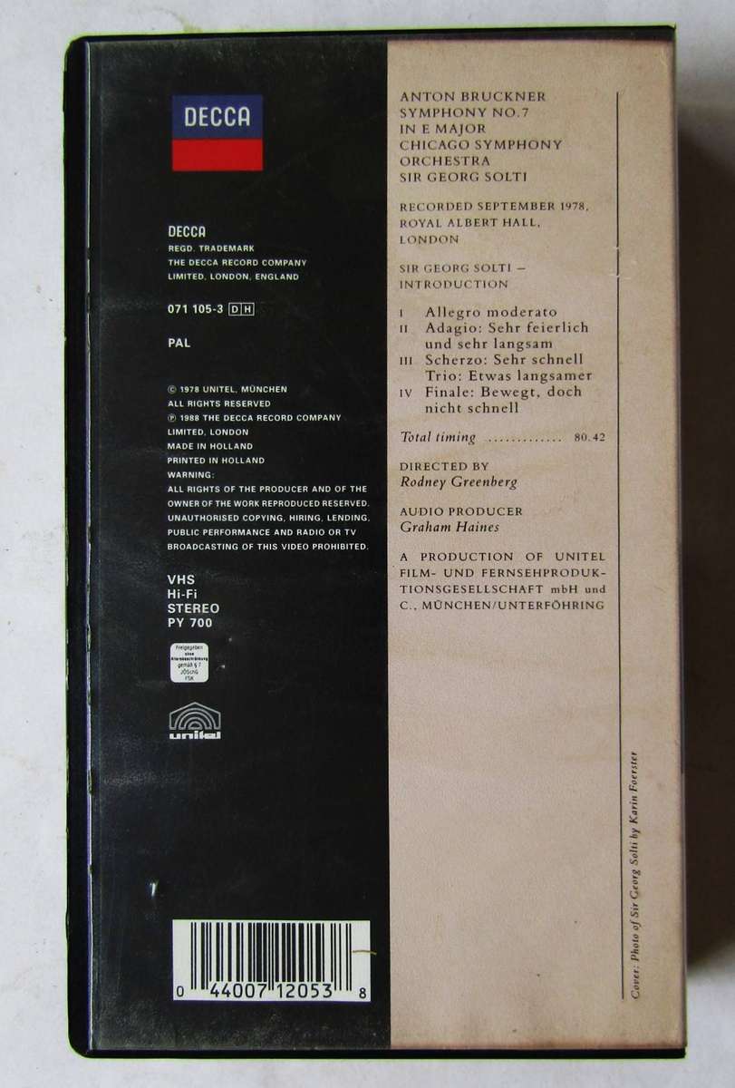 Bruckner Symphony No 7 - VHS Video Tape (1988)