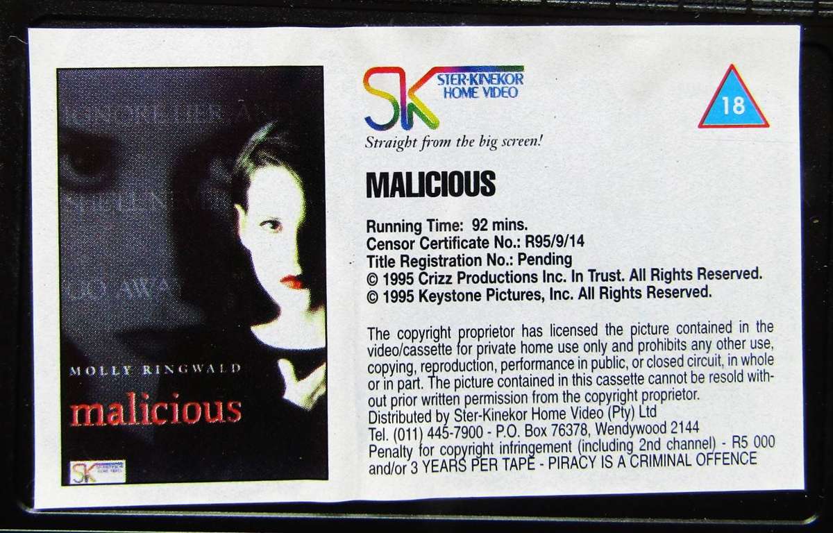 Malicious - Movie VHS Tape (1995)