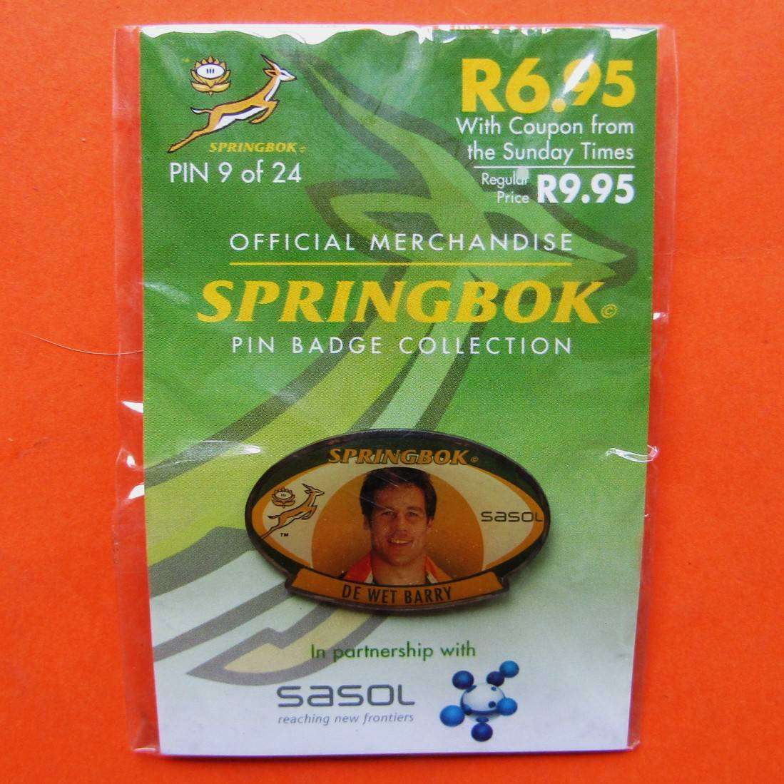 De Wet Barry Springbok Rugby Pin Badge