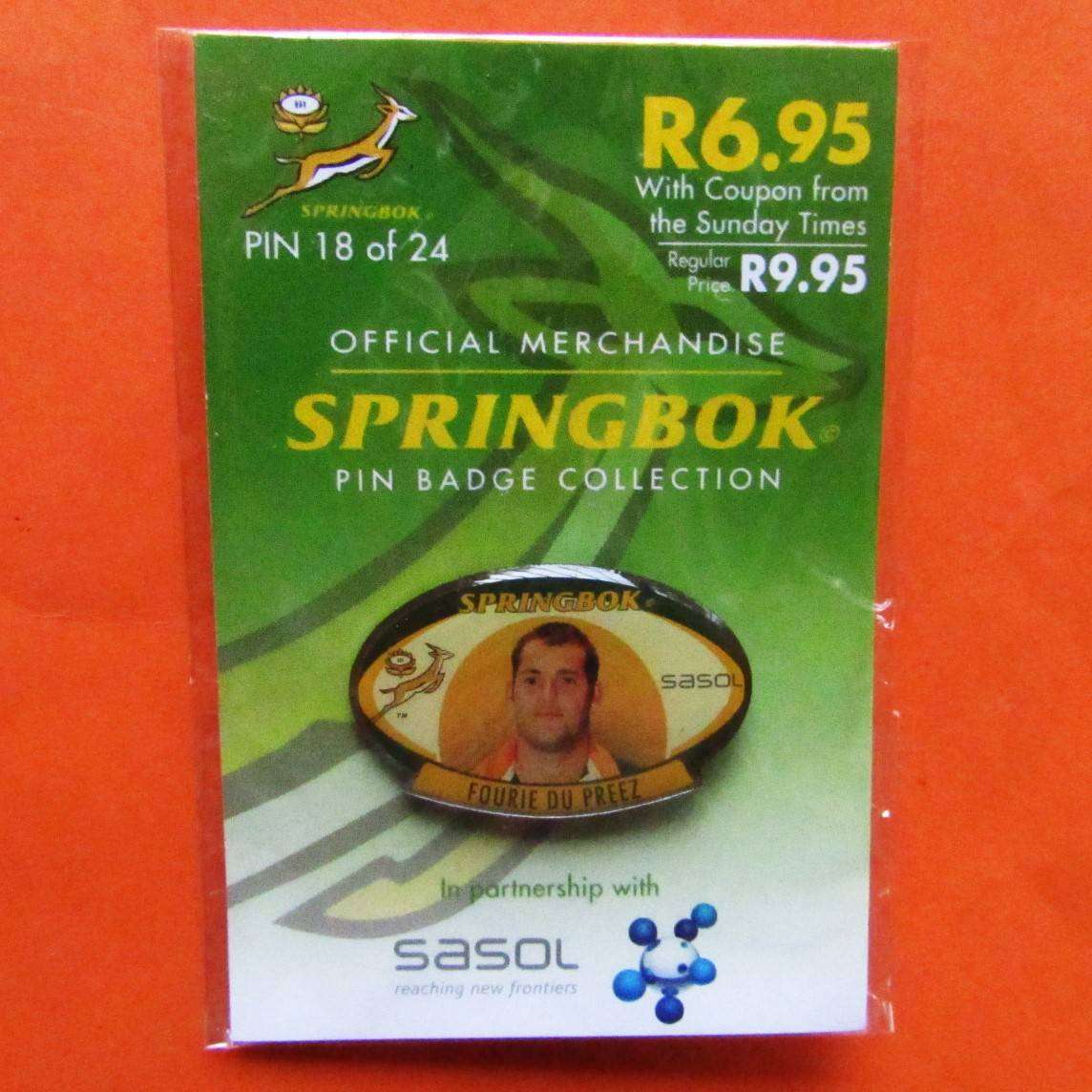 Fourie du Preez Springbok Rugby Pin Badge