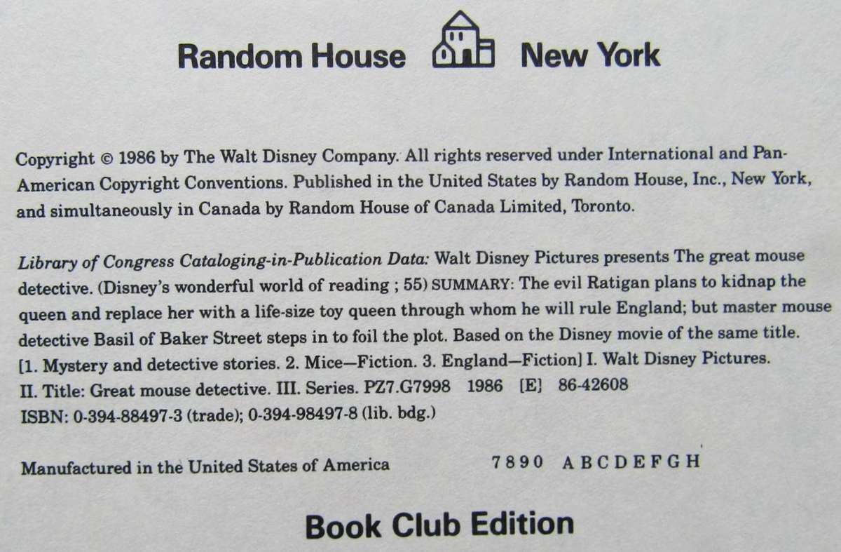 1986 The Great Mouse Detective - Walt Disney Hardcover Book