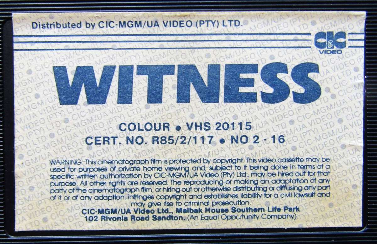 Witness - Harrison Ford - Movie VHS Tape (1985)