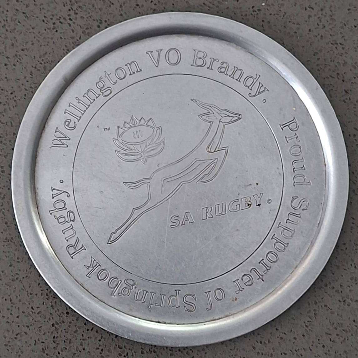 Old Wellington Brandy Metal Springbok Rugby Coaster