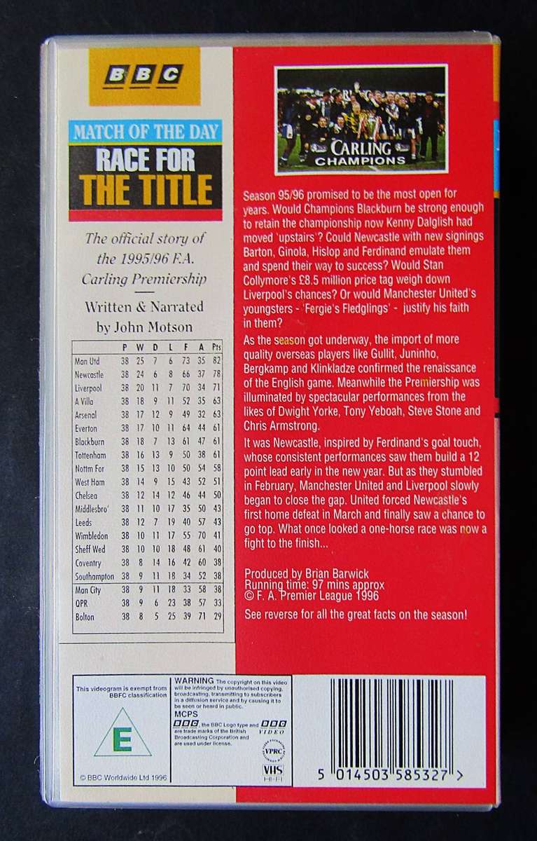Race for the Title - 1995/96 FA Premiership - Football VHS Video Tape
