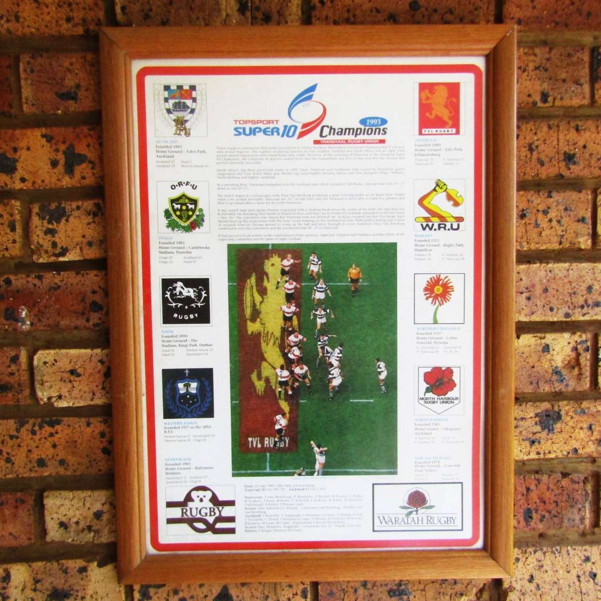 1993 Super 10 Champions Transvaal Rugby Framed Display