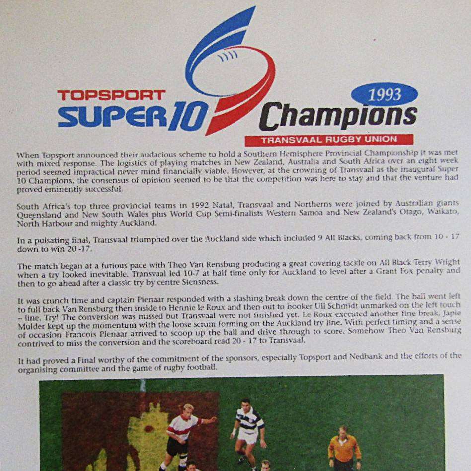 1993 Super 10 Champions Transvaal Rugby Framed Display