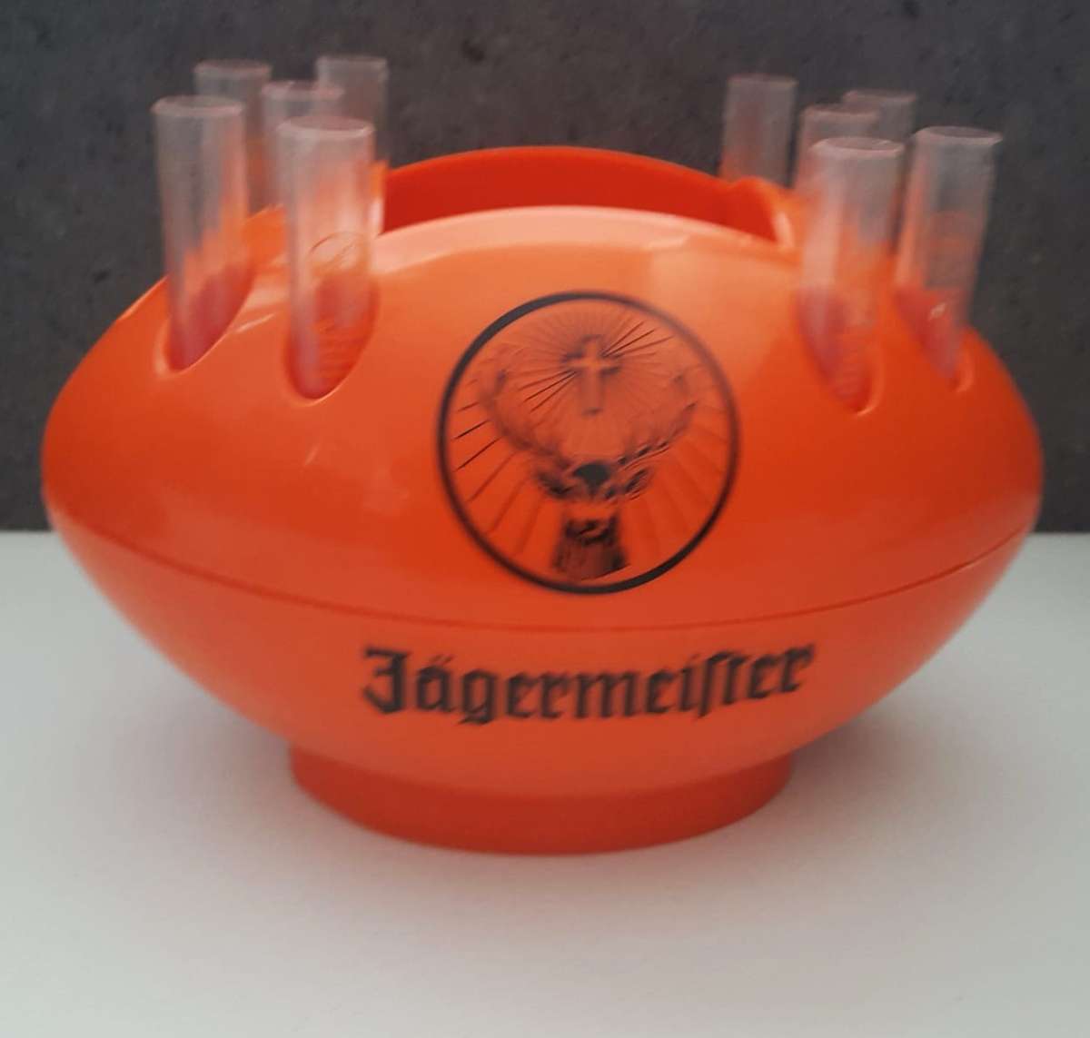 Old Jagermeister Rugby Ball Shaped Bottle Holder with 10 Shot Glasses