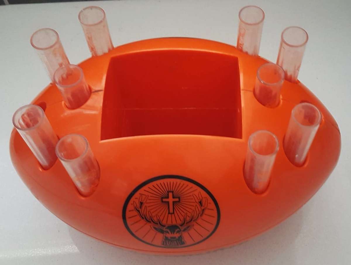 Old Jagermeister Rugby Ball Shaped Bottle Holder with 10 Shot Glasses