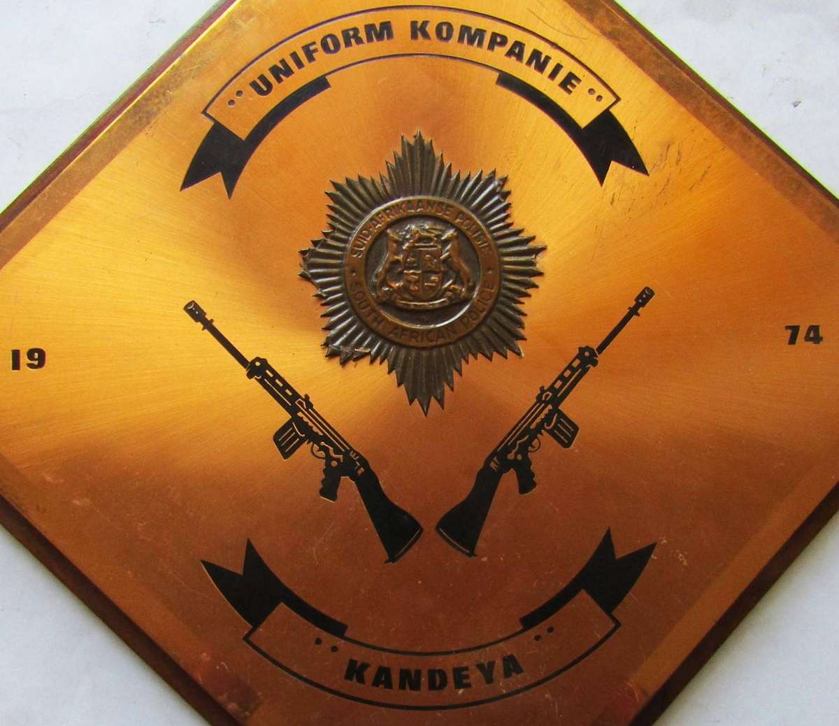 1974 SA Police Kandeya Uniform Kompanie Large Copper Plaque