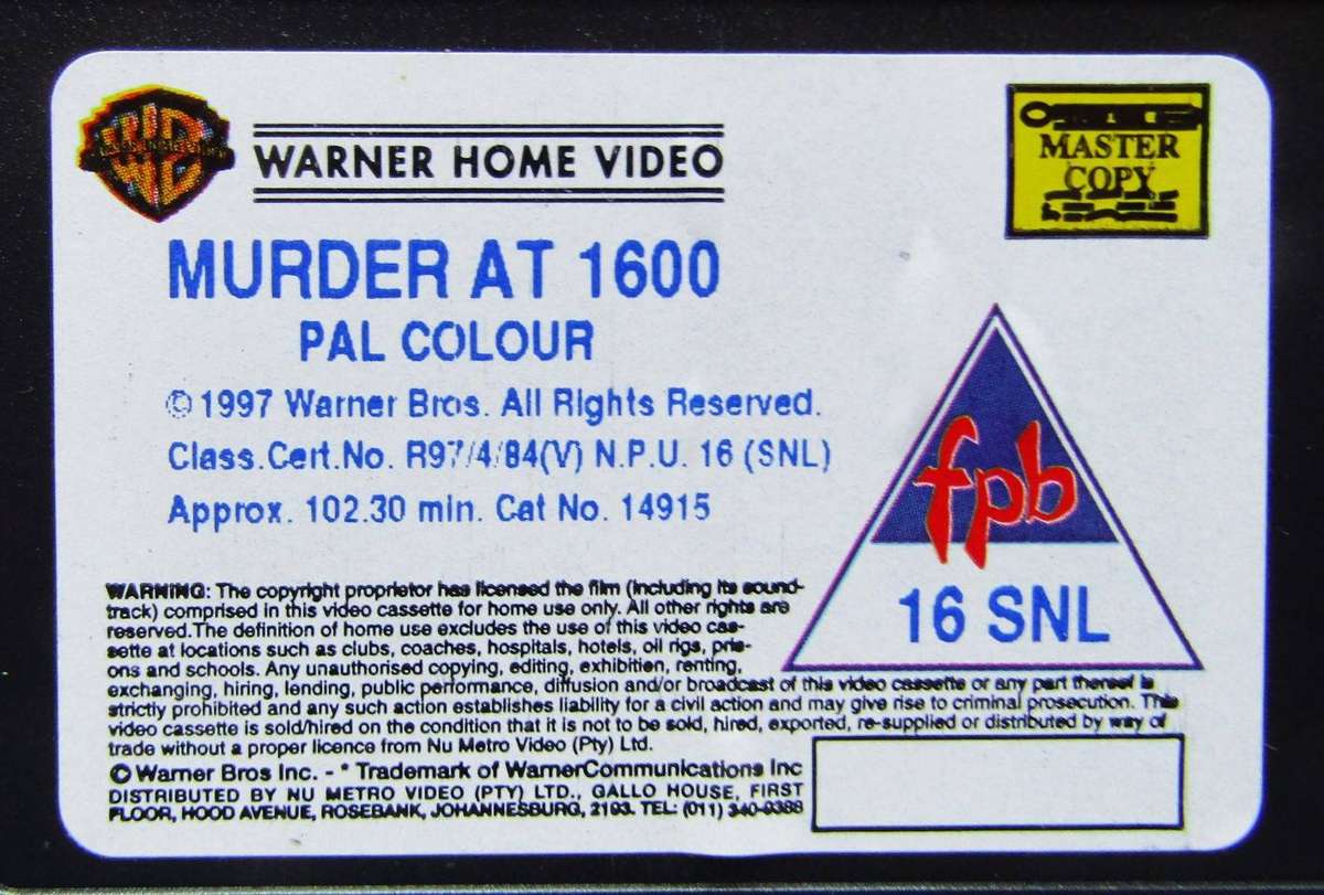 Murder at 1600 - Wesley Snipes - Movie VHS Tape (1997)