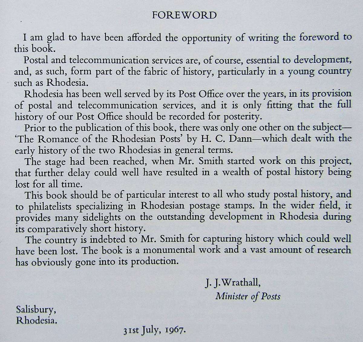 Rhodesia - A Postal History - Hardcover Book (1967)