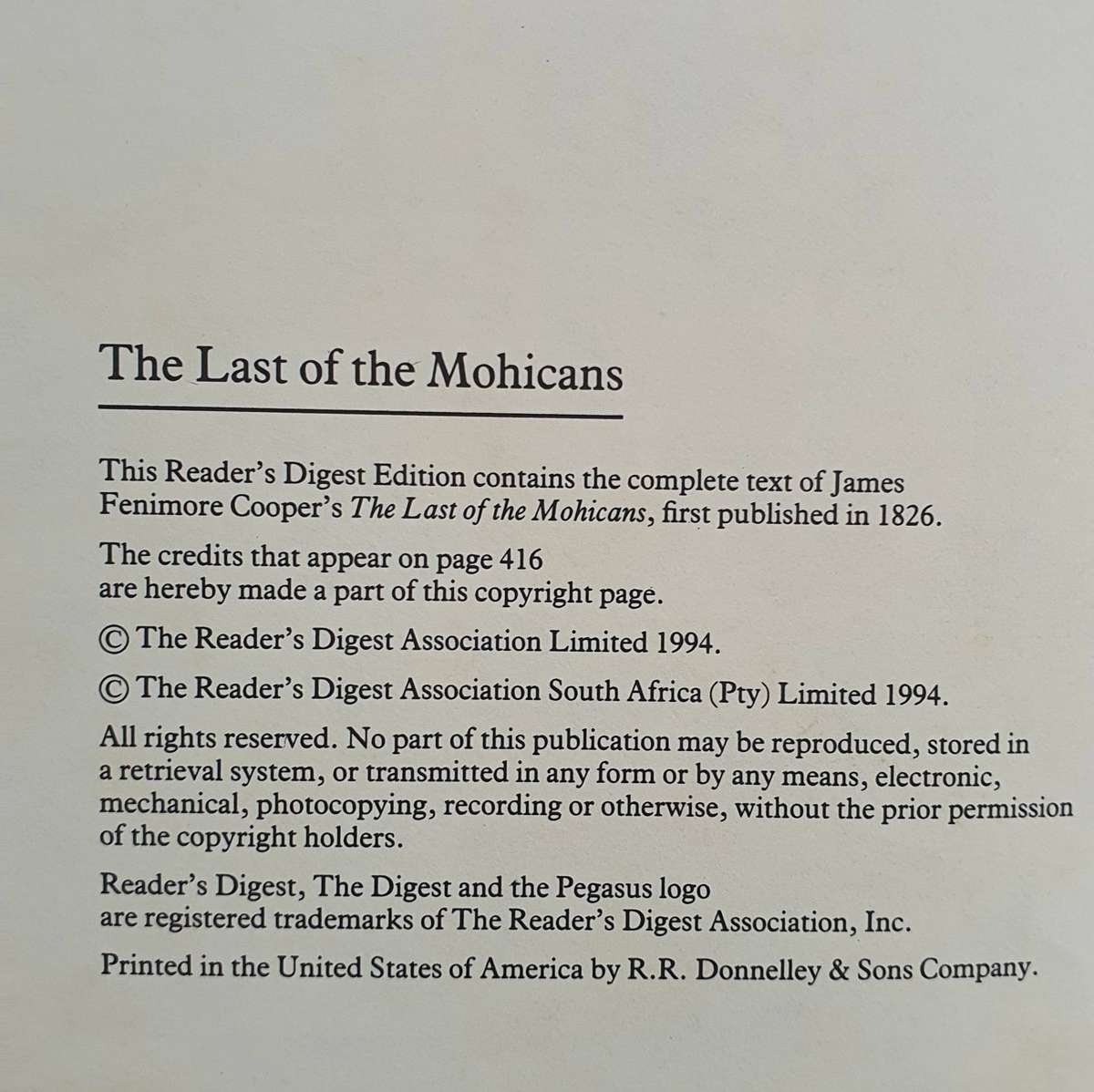THE LAST OF THE MOHICANS - Readers Digest (J.F. Cooper)