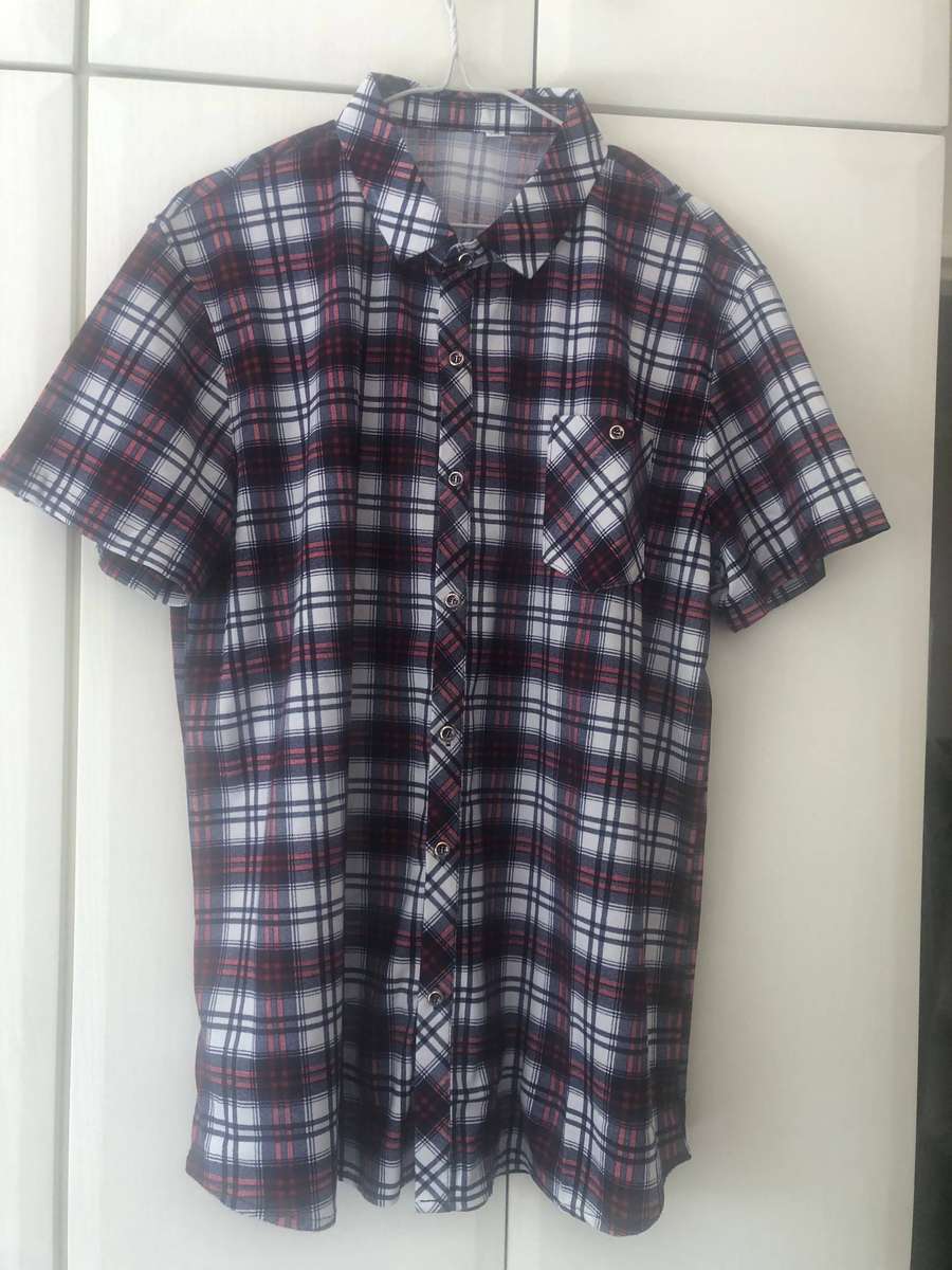 Two plaid short sleeve men shirts.