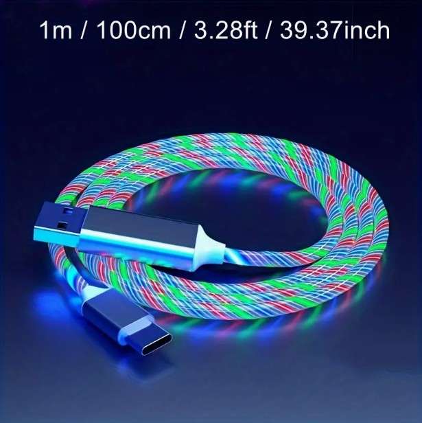USB Type C Cable LED Glowing Charging Cable 1m RGB Colour