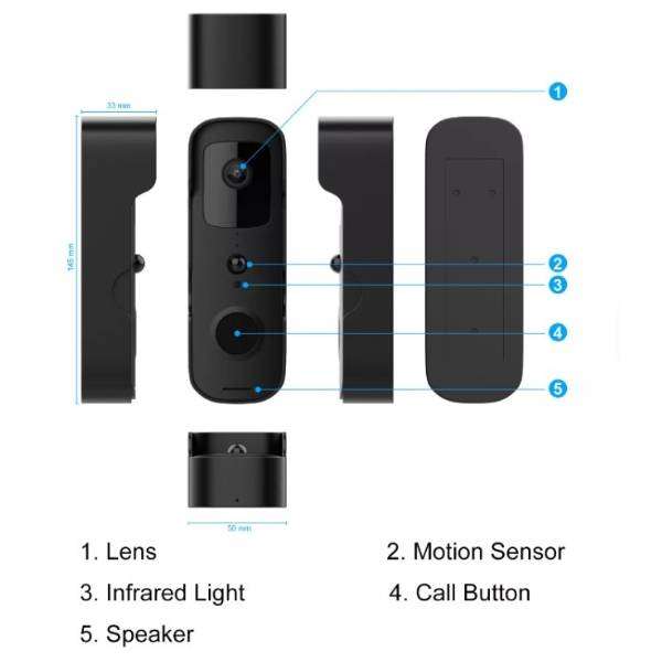 Tuya / Smart Life Smart WiFi Doorbell  Rechargeable | 2-Way Audio | PIR Motion Detection