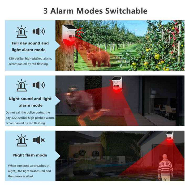 Outdoor Solar PIR Motion Sensor 120db Sound Security Siren Light Alarm with Remote Controller