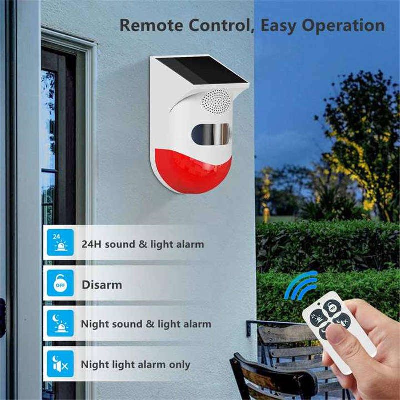 Outdoor Solar PIR Motion Sensor 120db Sound Security Siren Light Alarm with Remote Controller