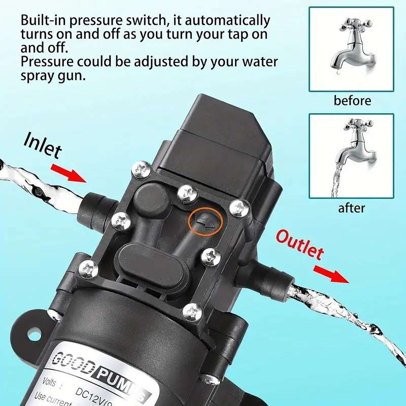 12V Pump High Pressure Diaphragm 6L/min 70W Auto on off with Hosetail and Clamp **LOCAL STOCK**