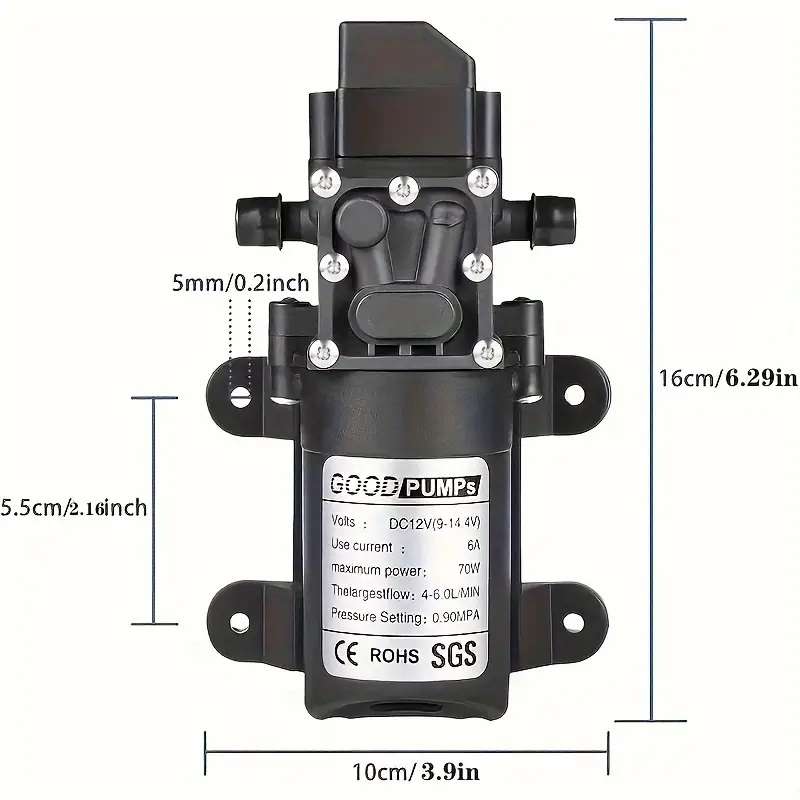 12V Pump High Pressure Diaphragm 6L/min 70W Auto on off with Hosetail and Clamp **LOCAL STOCK**