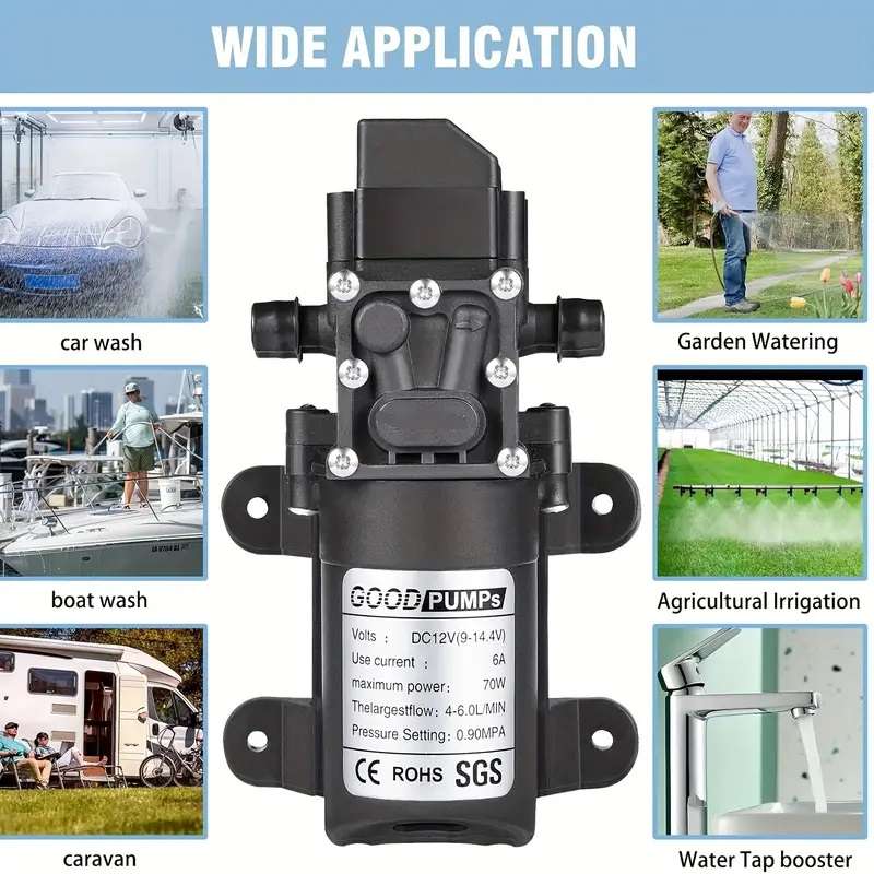 12V Pump High Pressure Diaphragm 6L/min 70W Auto on off with Hosetail and Clamp **LOCAL STOCK**